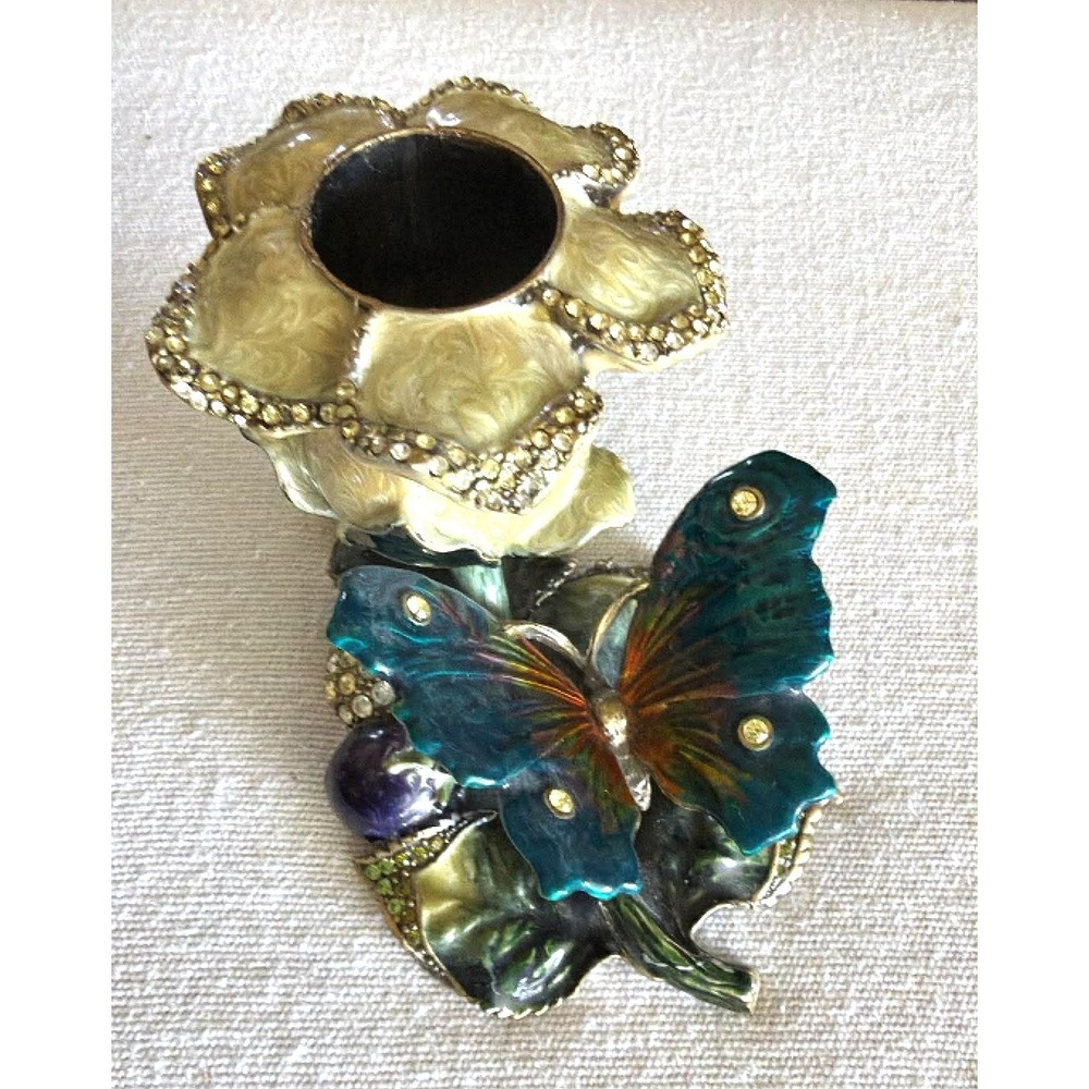 Vintage Enamel Crystal Rose Butterfly Candle Holder Floral Jeweled Metal Decor